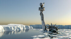 The Statue of Liberty rising out of water and ice as a symbol of climate change